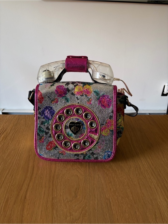 Betsey Johnson Handbags - Betsey Johnson Silver Floral Crossbody with Pink Trim and Clear Handset Accent